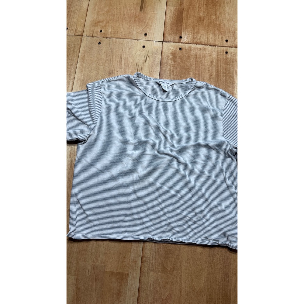 Athleta Womens Medium White Grey Micro Stripe Short‎ Sleeve Boxy Crew Neck Tee